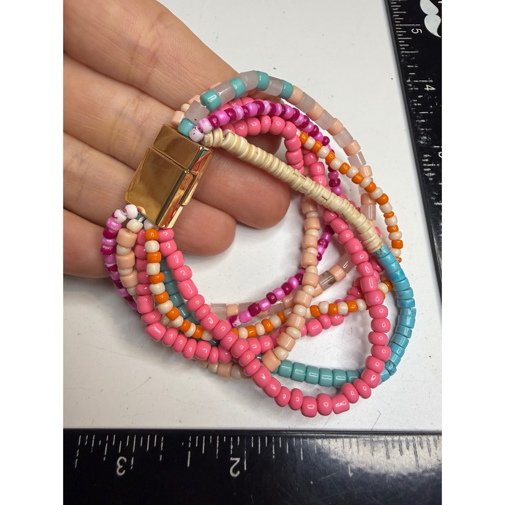 Multistrand Seed Bead Magnetic Clasp Bracelet Pink Turquoise Boho Layered Stack